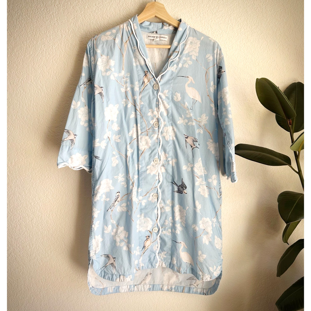 Hedi Carey Women Sleep Shirt Small Blue Birds Button Cottage Prairie Boho Cotton - Picture 2 of 10